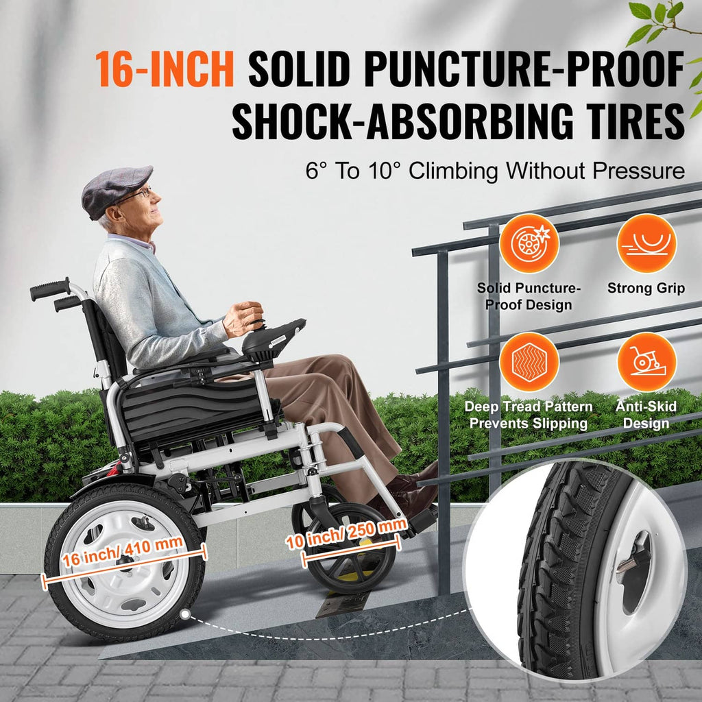 16-inch solid puncture-proof wheelchair tires with deep tread and anti-skid grips