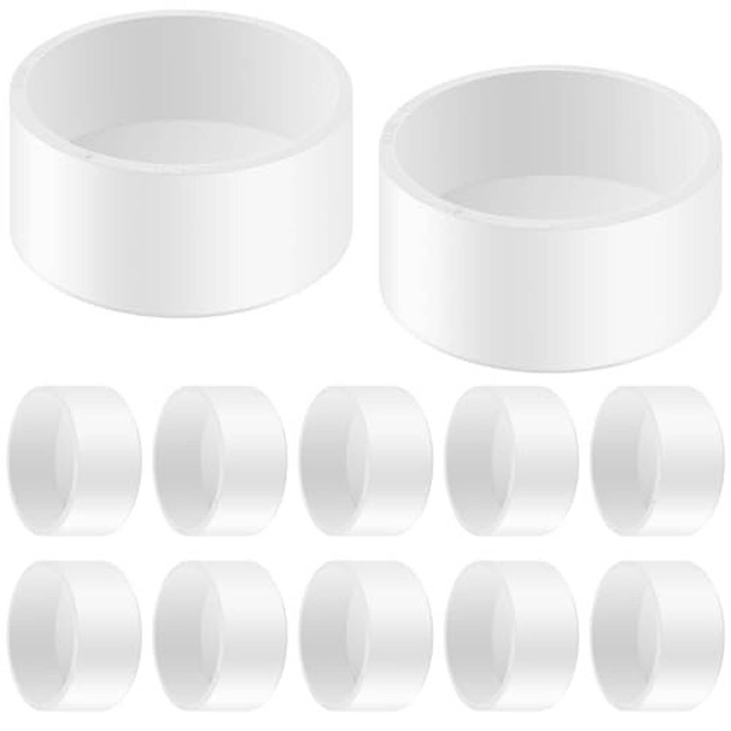 White PVC pipe end caps, 4 in OD size, 10-pack, grouped front and angled views
