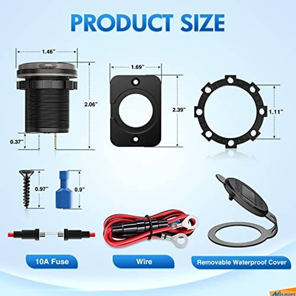 USB-C car charger socket size diagram with mounting panel, wires, and waterproof cover