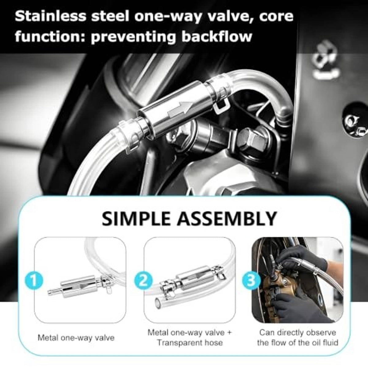 Brake bleeder hose kit with stainless one-way valve and transparent hose for fluid backflow