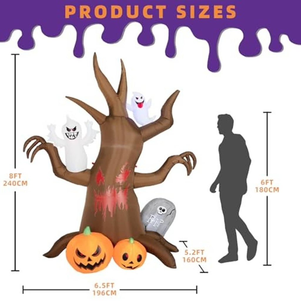 Inflatable Halloween haunted tree decoration with ghosts, pumpkins, and size silhouette