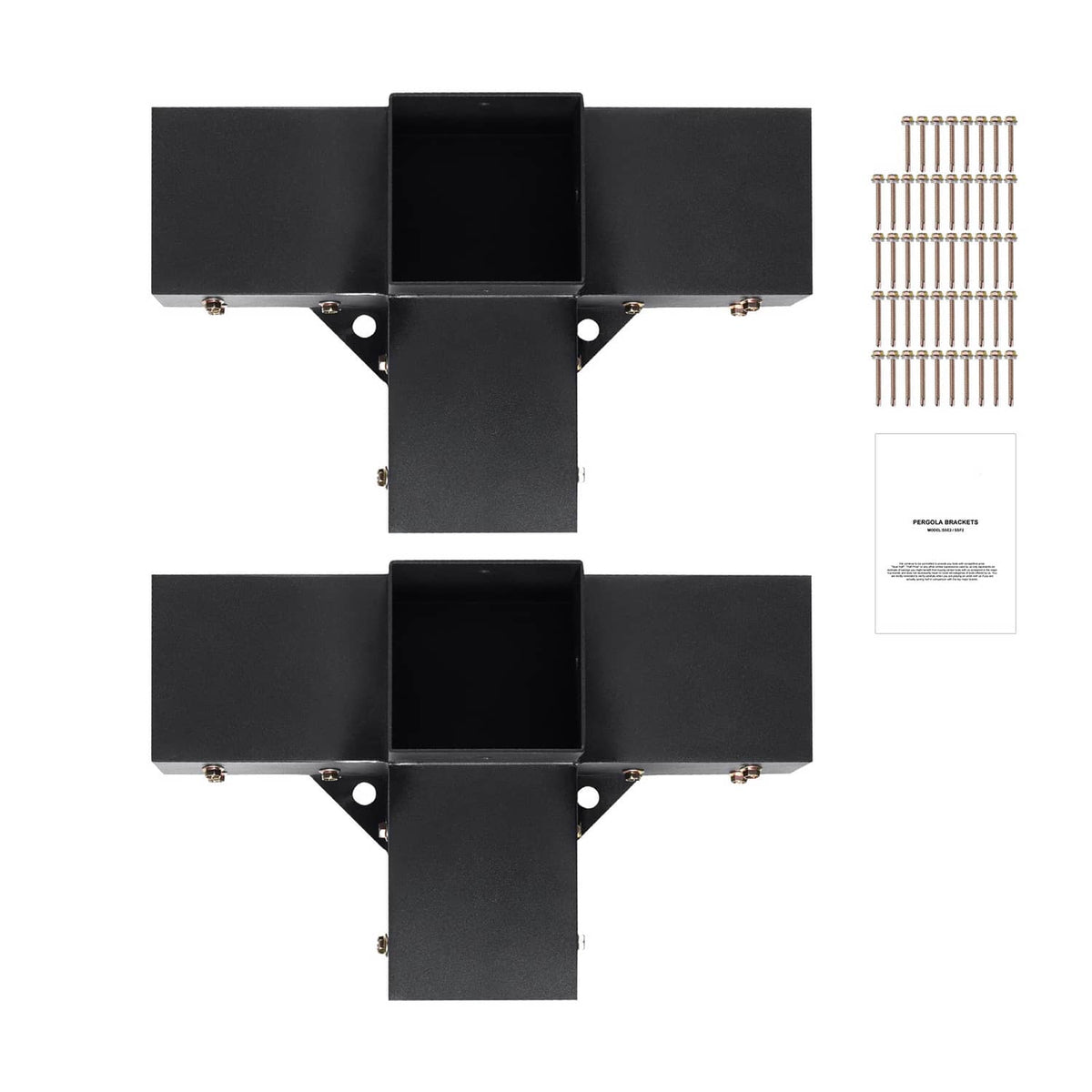 Black 4-way pergola corner bracket kit, two metal corner posts with mounting holes