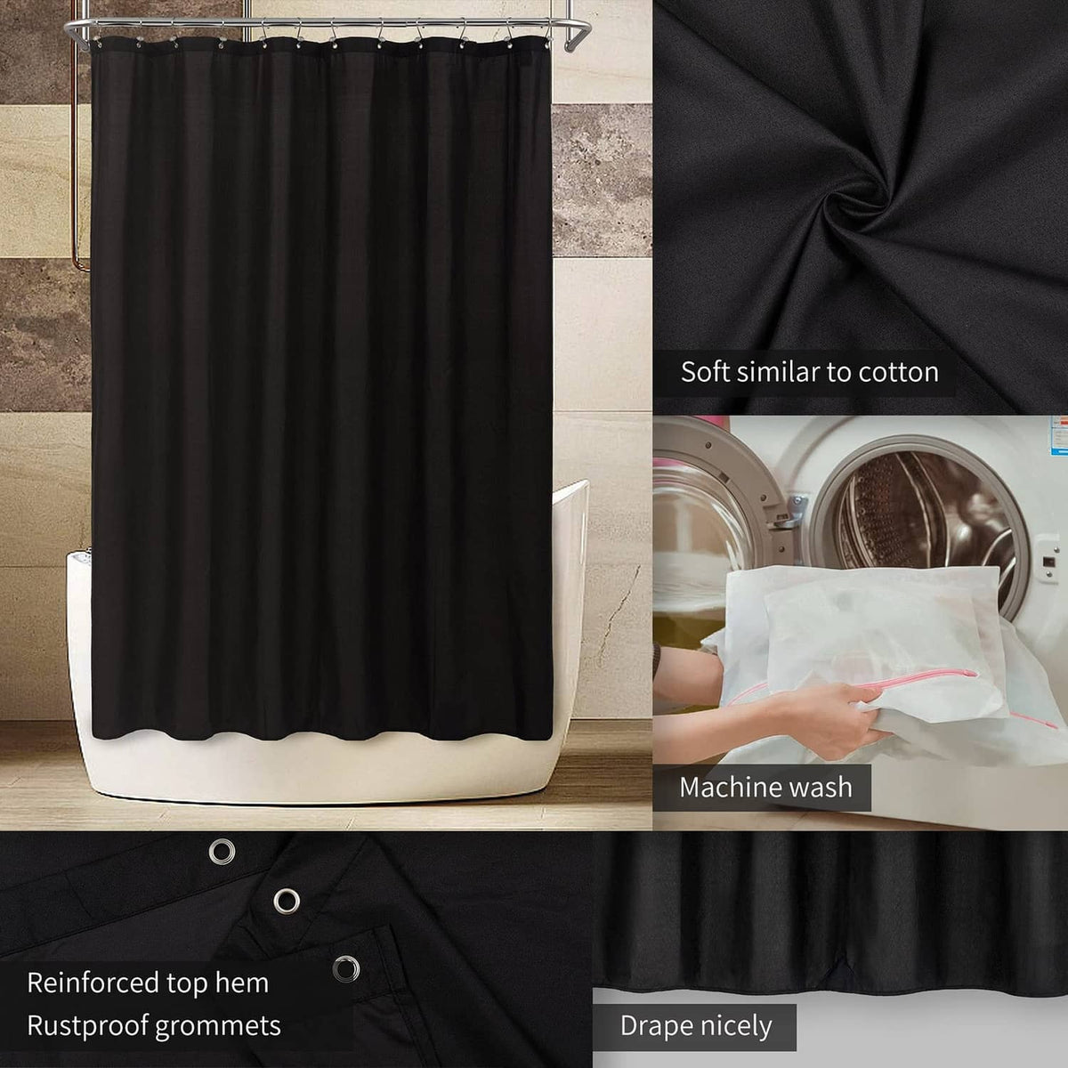 Black shower curtain with reinforced top hem and rustproof metal grommets