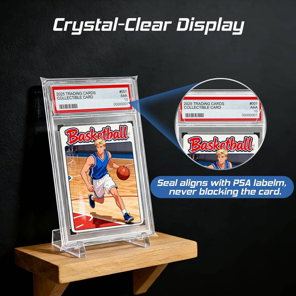 Crystal-clear graded card sleeves protecting trading cards for display