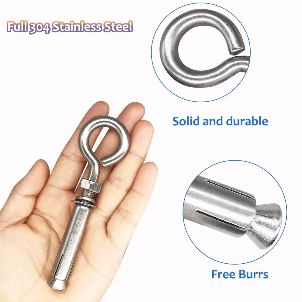 Stainless steel expansion eye bolt anchor held in hand, with threaded rod