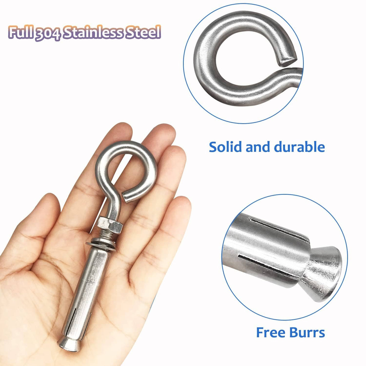 Stainless steel expansion eye bolt anchor held in hand, with threaded rod