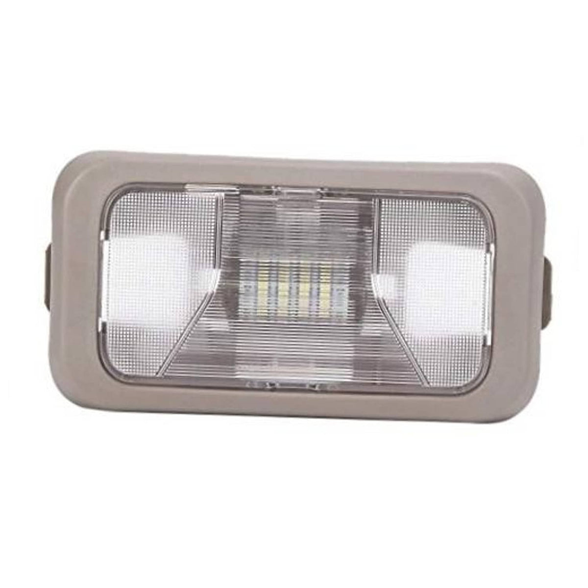 Car dome LED roof light fixture with rectangular clear lens and gray housing