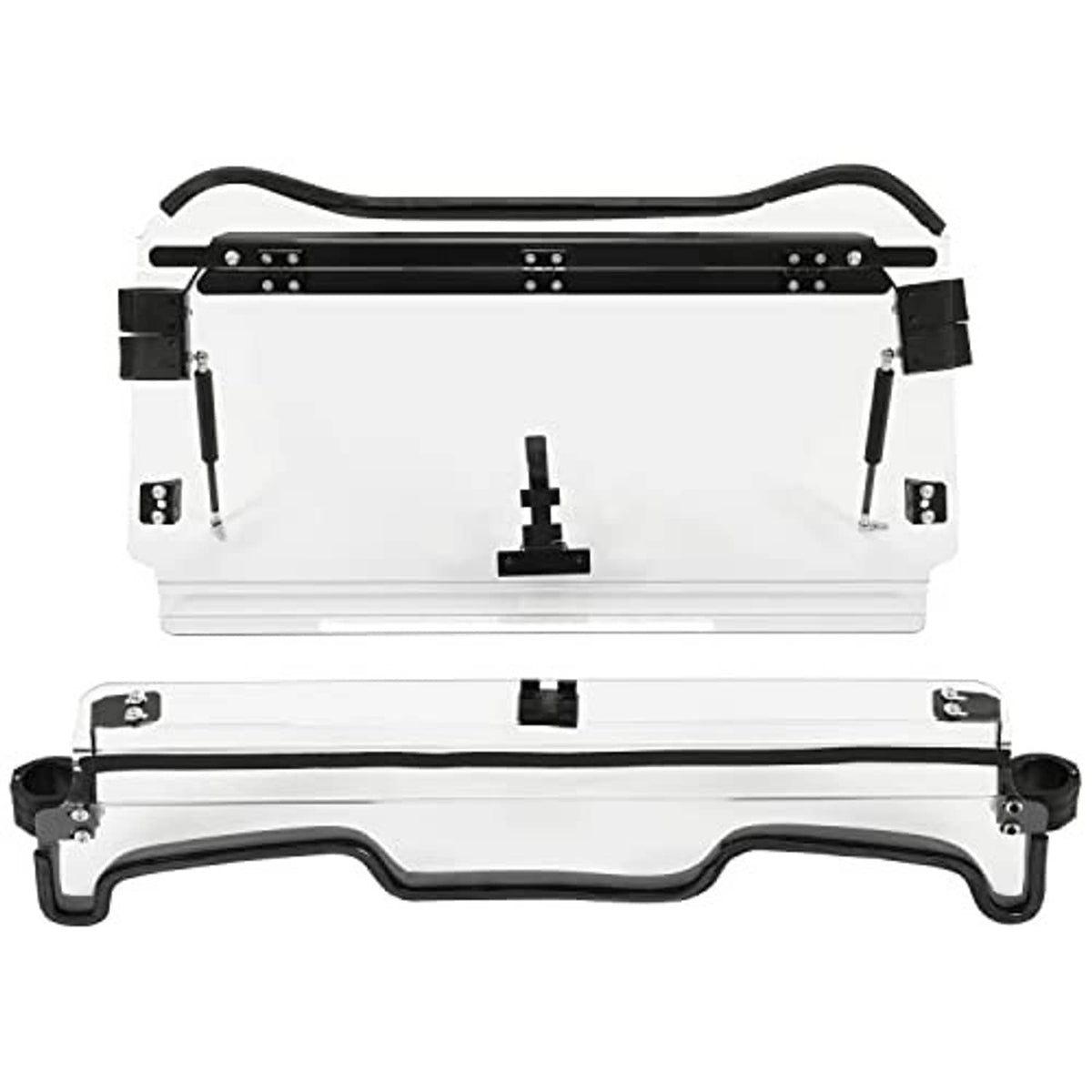 2-in-1 front windshield with clear panel, black frame, side supports and brackets