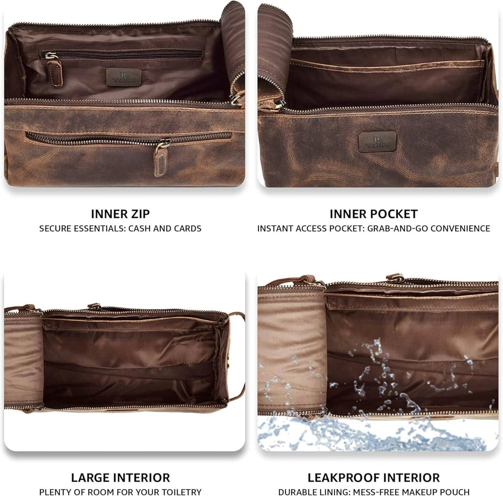 Brown leather toiletry bag interior with inner zip pocket and separate organizer pocket