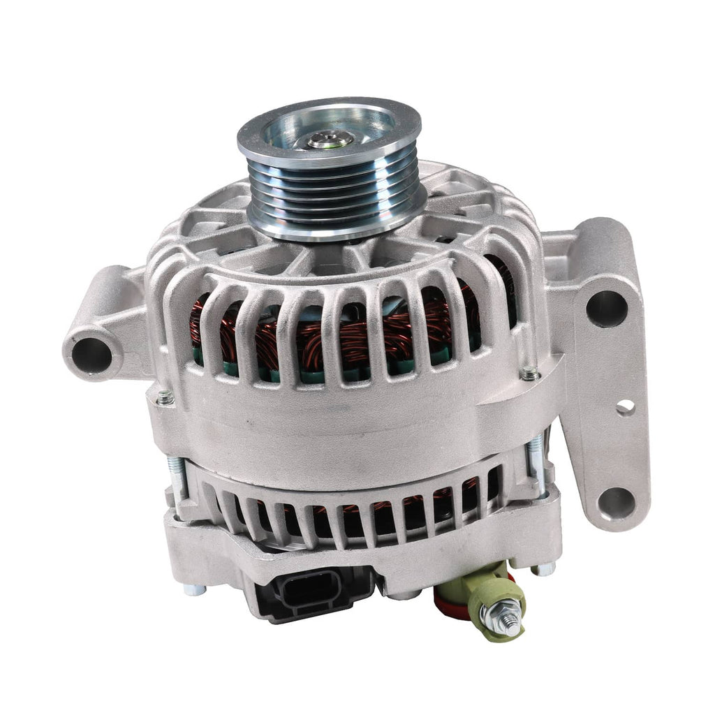 Automotive alternator showing cooling vents, pulley, and mounting brackets