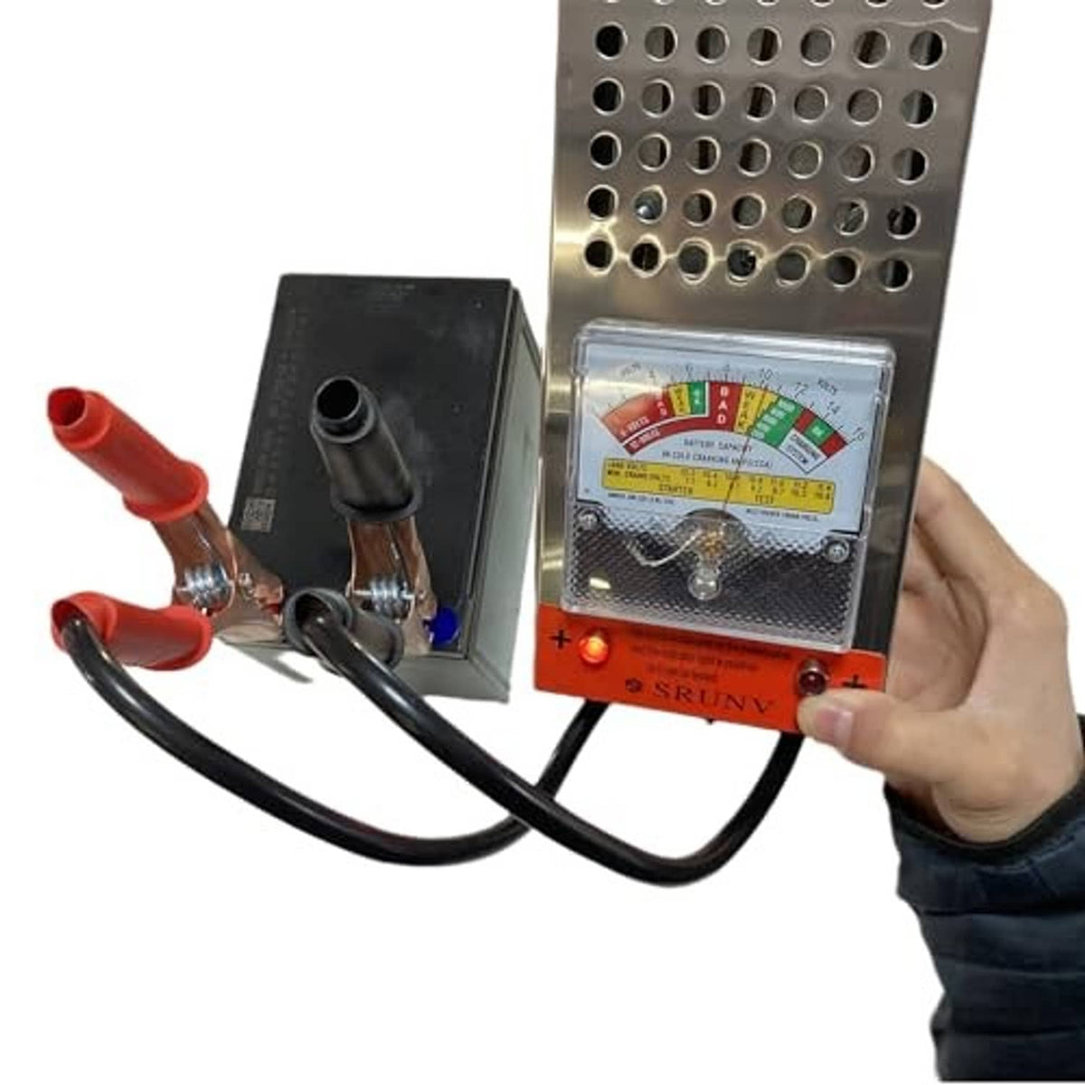 Battery tester kit with perforated meter, control box, and clamp cables