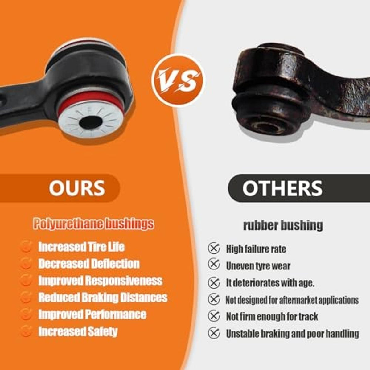 Comparison graphic of control arm bushing materials: urethane vs rubber