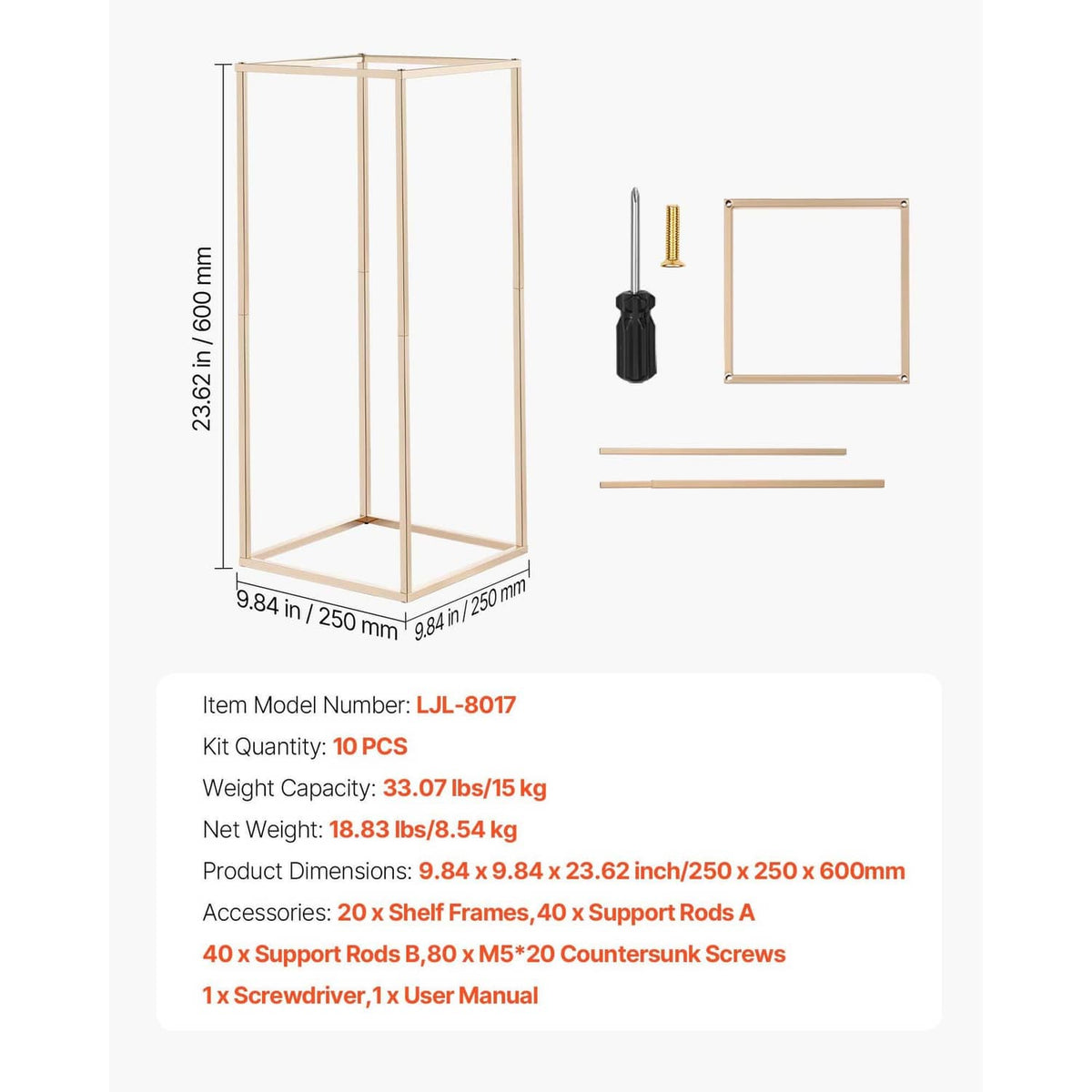 Gold flower stand kit with frame and accessory parts; 23.62 in height shown