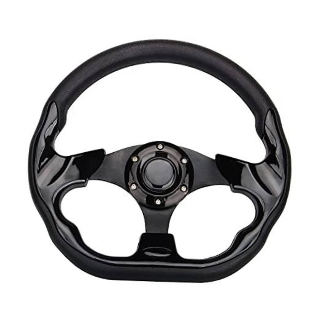 Black D-shape golf cart steering wheel with center hub and 3 spoke cutouts
