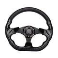 Black D-shape golf cart steering wheel with center hub and 3 spoke cutouts