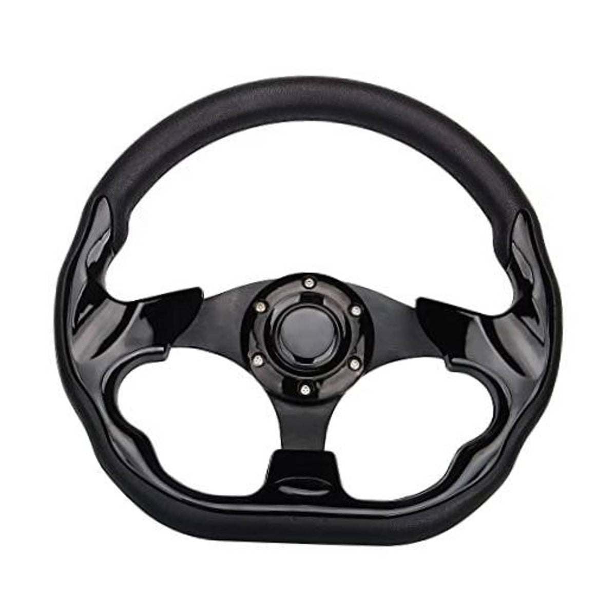 Black D-shape golf cart steering wheel with center hub and 3 spoke cutouts