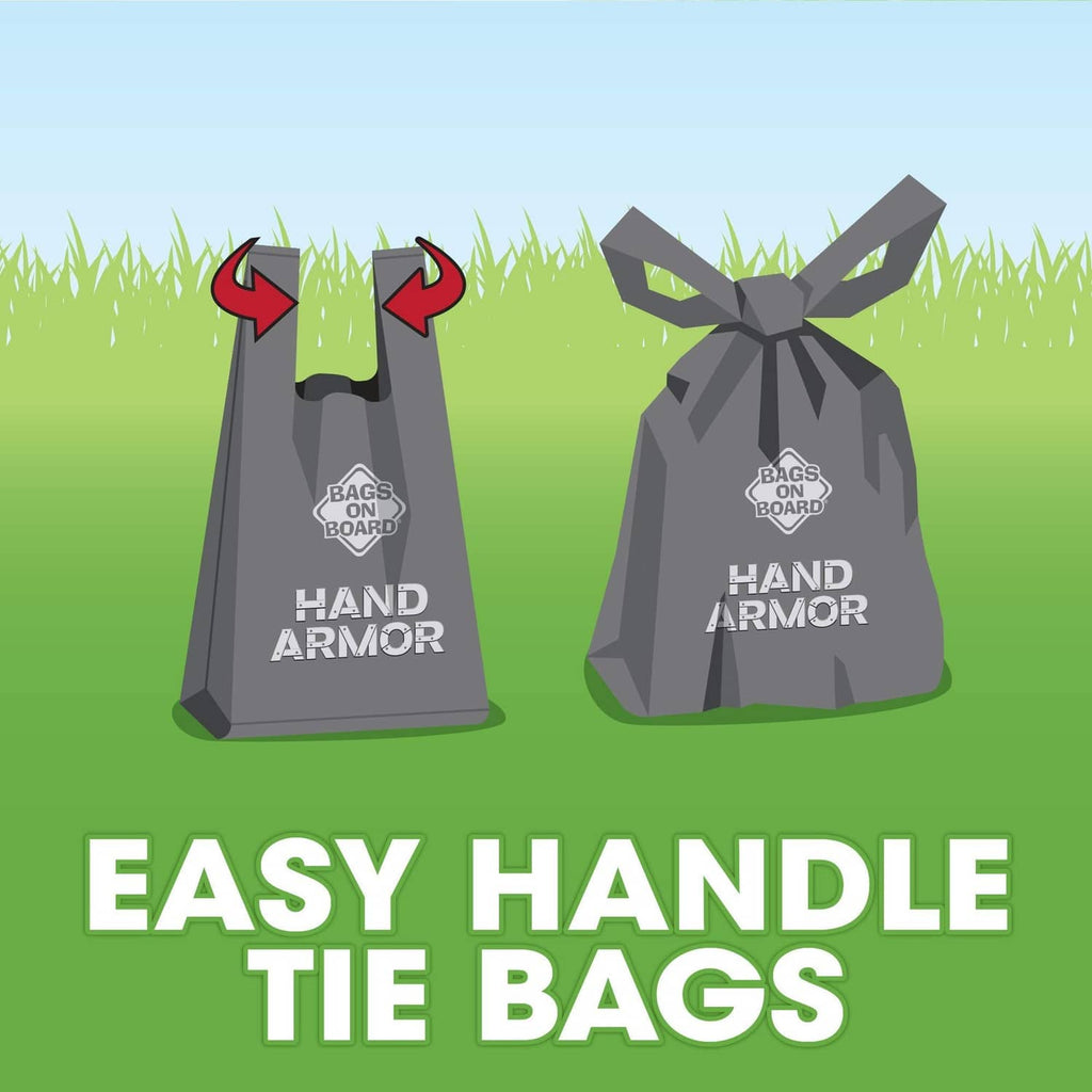 Dog waste pickup bag graphic showing two tied bags and easy handle tie bags.