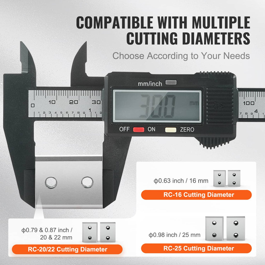 Digital caliper measuring beside gray rebar cutter jaw blade blocks