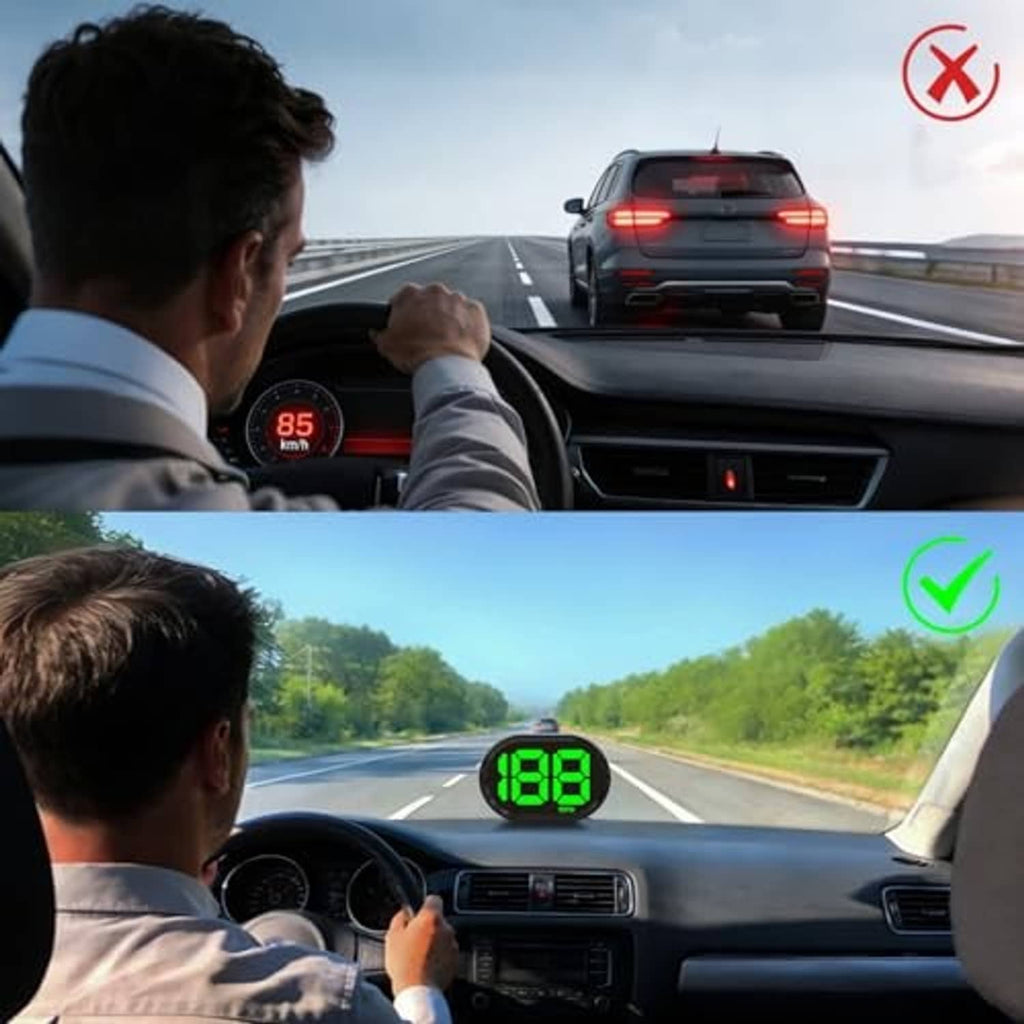 Green HUD speedometer reading 98 MPH on windshield display while driving