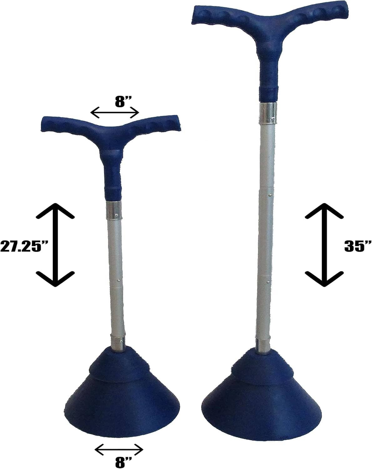 Portable hand washer poles with blue T-handles and large blue suction bases (size shown)