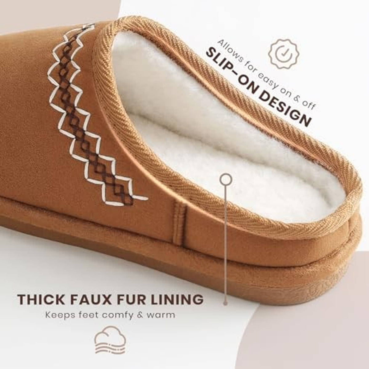 Chestnut suede slipper close-up with thick faux-fur lining and zigzag side stitching