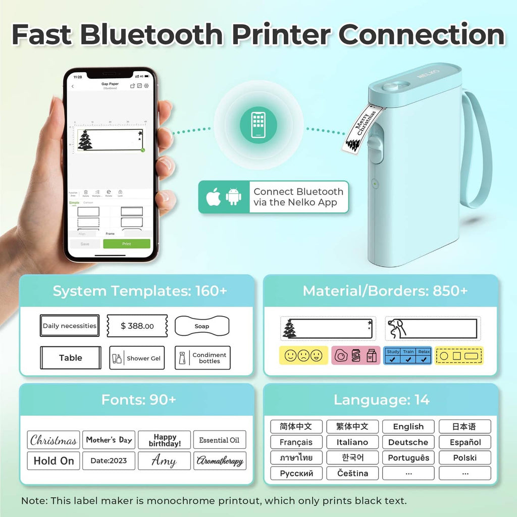 Cyan Bluetooth label maker connected to a smartphone app for pairing