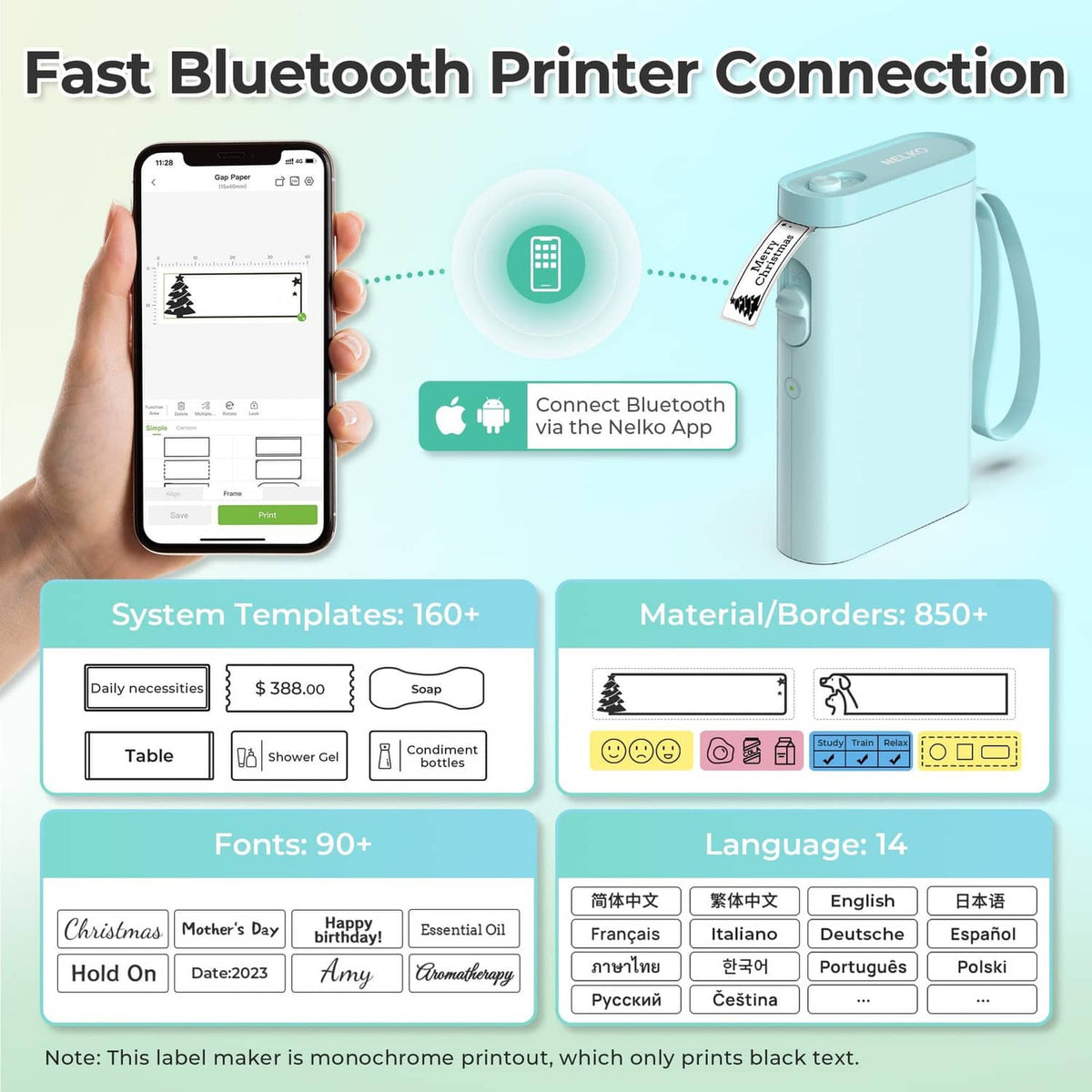 Cyan Bluetooth label maker connected to a smartphone app for pairing
