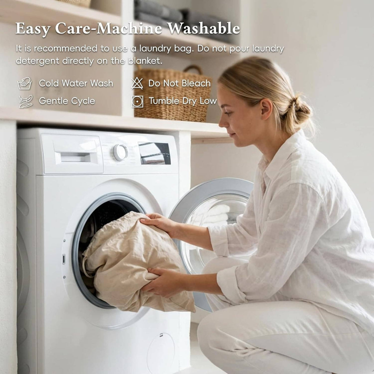 White cotton muslin blanket being placed into a washing machine