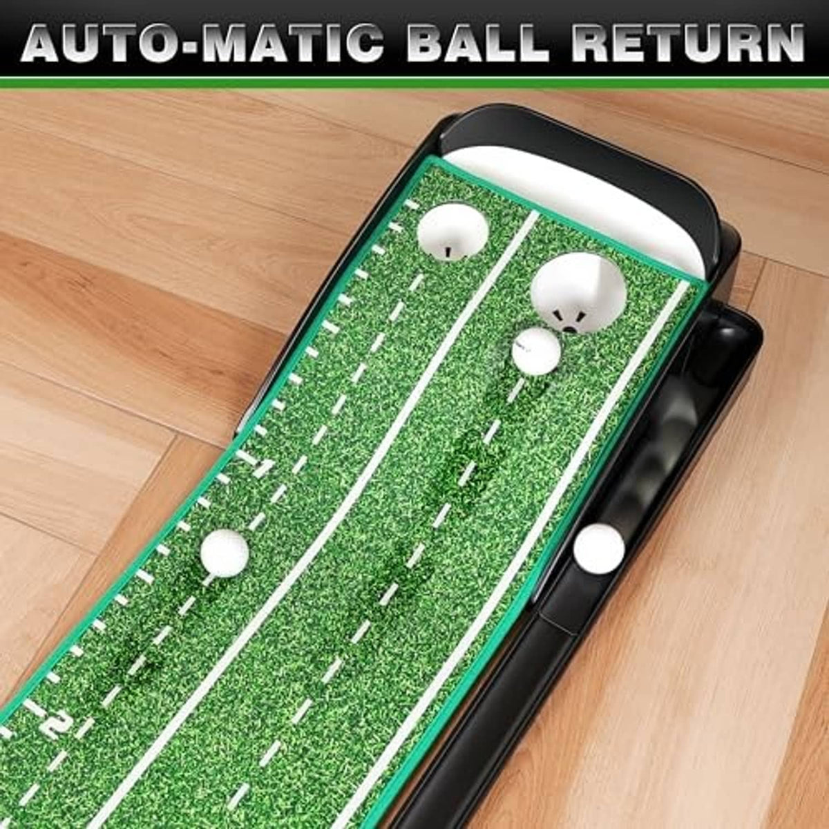 Indoor golf putting green with automatic ball return track and several white golf balls on green.