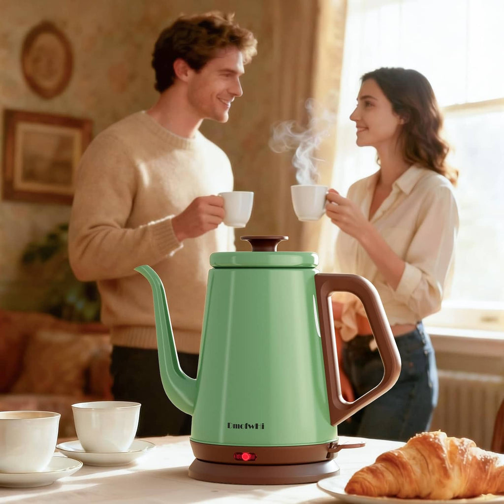 Green electric gooseneck kettle with steaming spout and brown handle