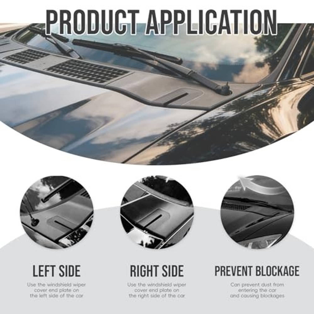 Windshield wiper cowl end panels shown on car hood area, left and right fit