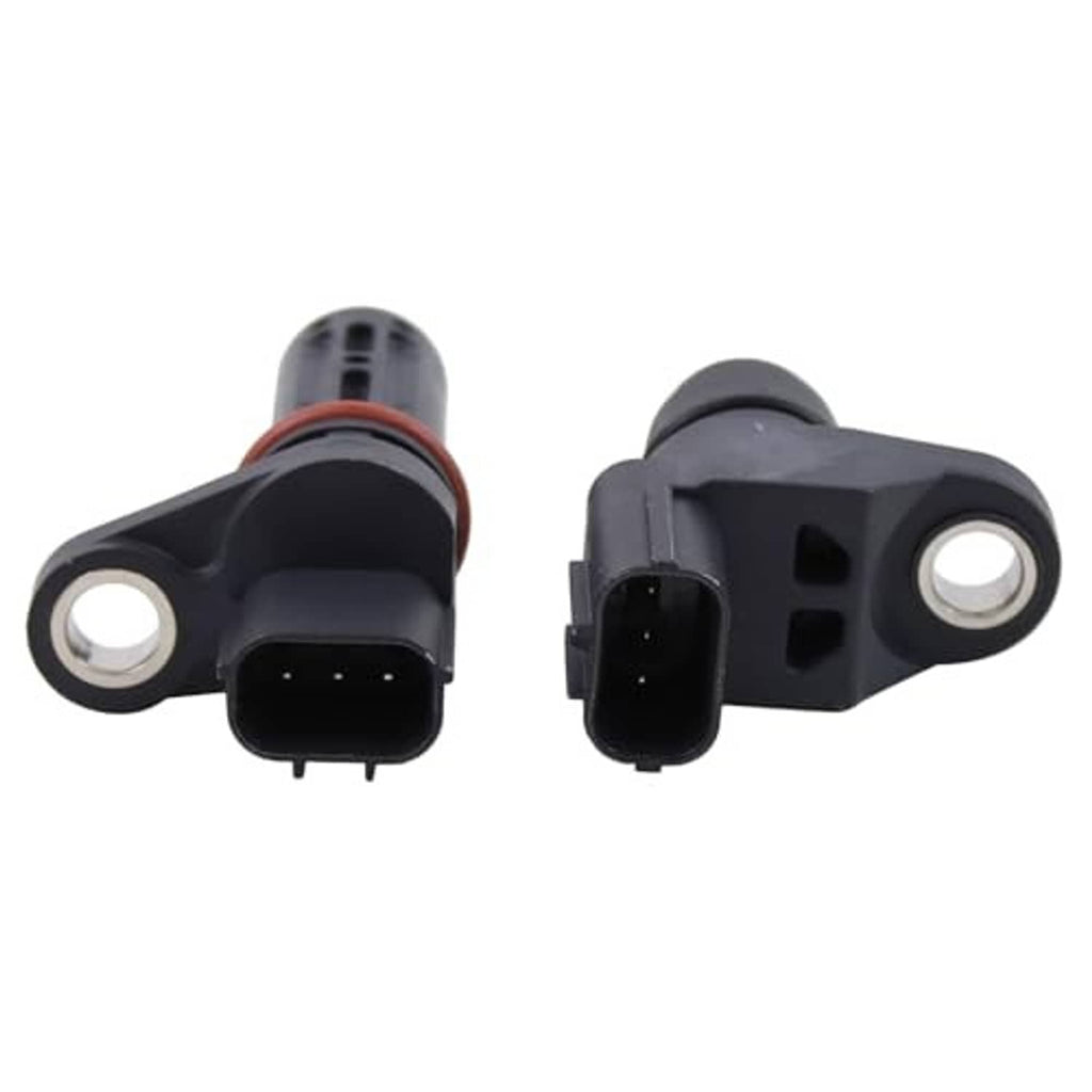 Camshaft/crankshaft position sensors, two black units with mounting holes and plug ends