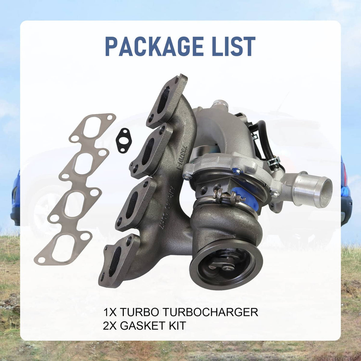 Turbocharger kit with gasket set shown alongside a turbocharger on a package list