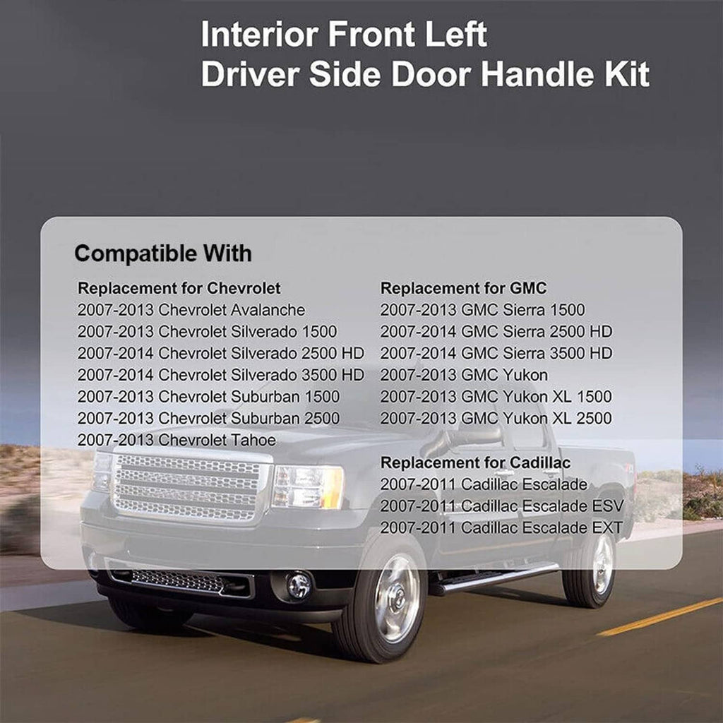 Interior door handle repair kit with black handle, mounting screws and adhesive.