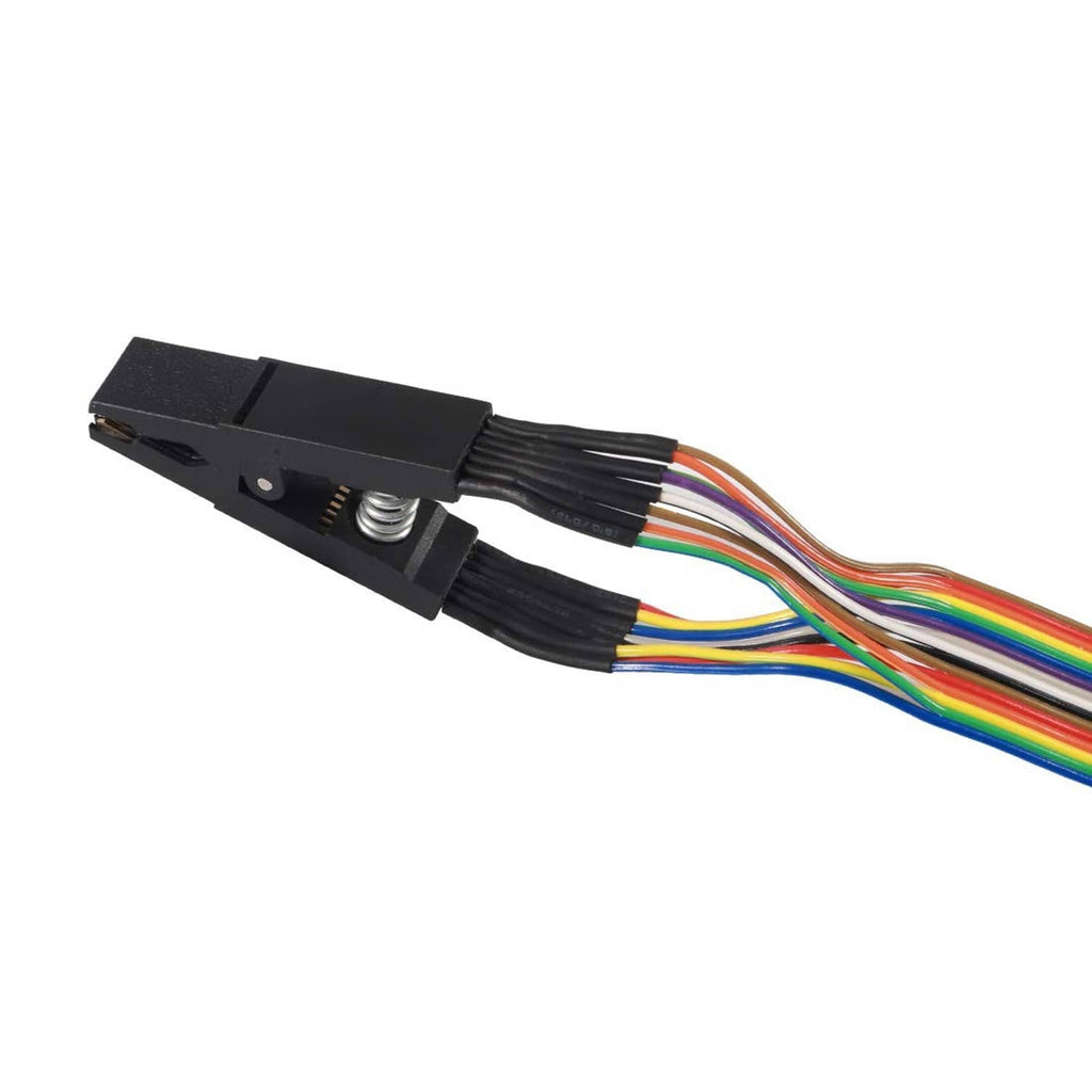 SOIC 16 test clip body with multi-color ribbon wires and metal contact tip