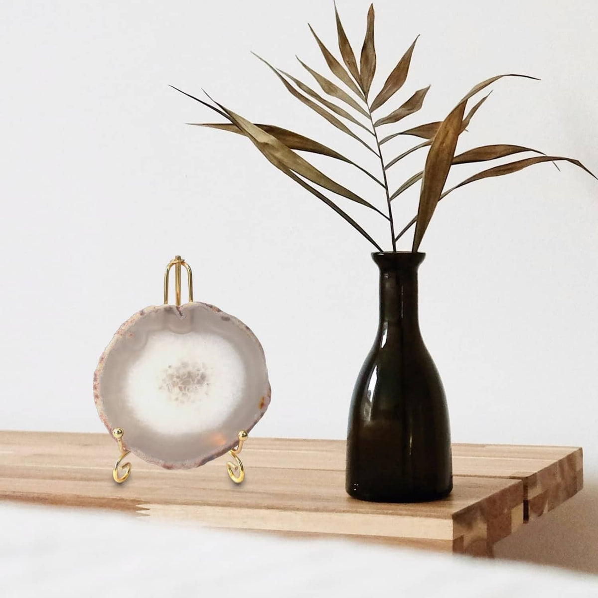 Agate geode coaster slice with gold-toned metal stand and wire hangers