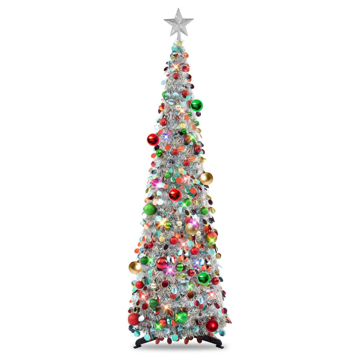 5 ft silver-mix tinsel Christmas tree with star topper, multicolor baubles, lights