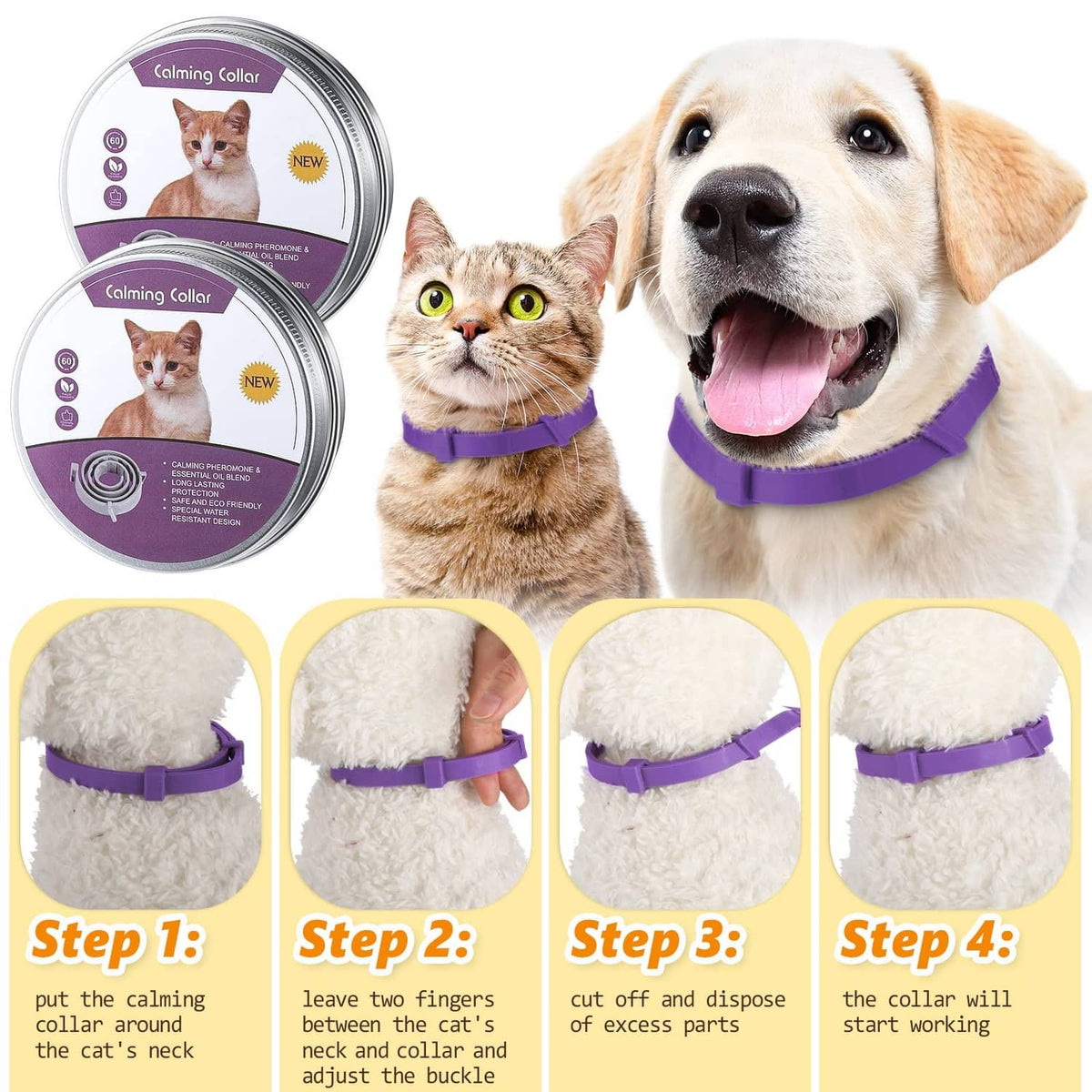 RivetOak Qualirey 3 Pcs Cat Adjustable Calming Collar, Reduce 15 inches, Purple