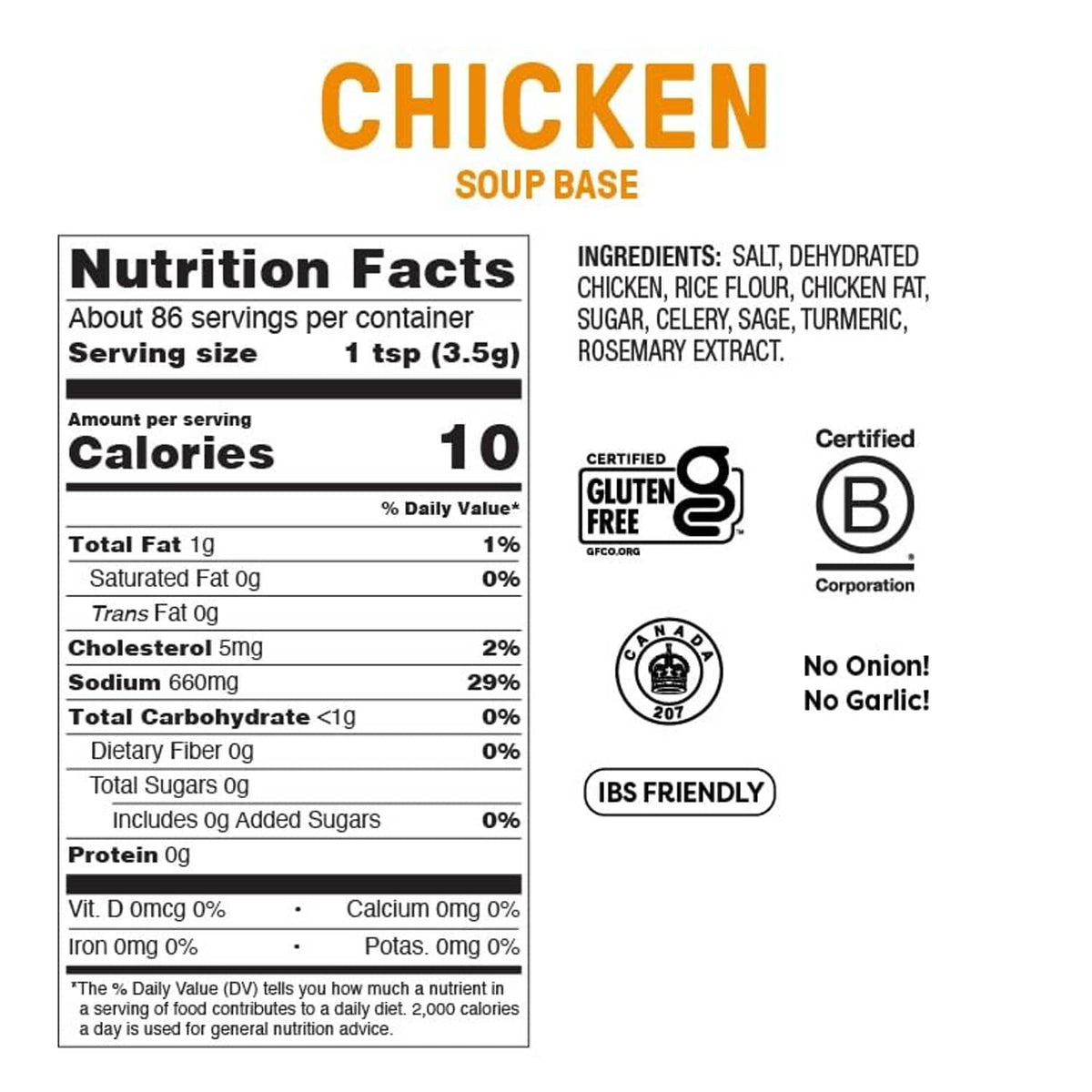 Chicken soup base jar label with Nutrition Facts and ingredients panel