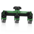 3-way garden hose splitter with green body and black lever controls, three metal outlets