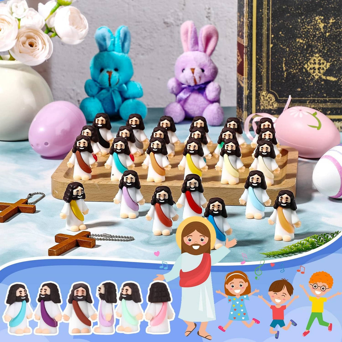 Assorted mini rubber Jesus figurines with colorful pastel robes, standing in groups