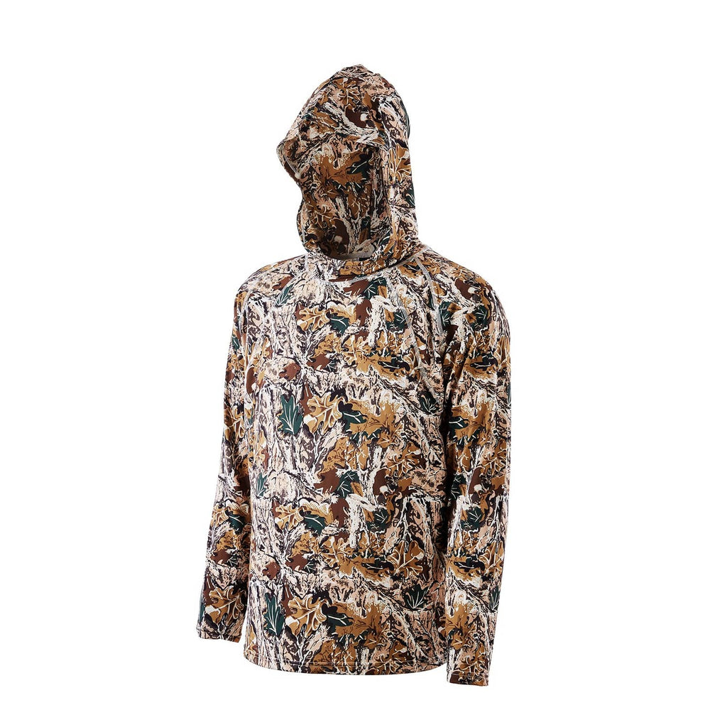 Men's camo pullover hoodie with attached hood, long sleeves, and kangaroo pocket