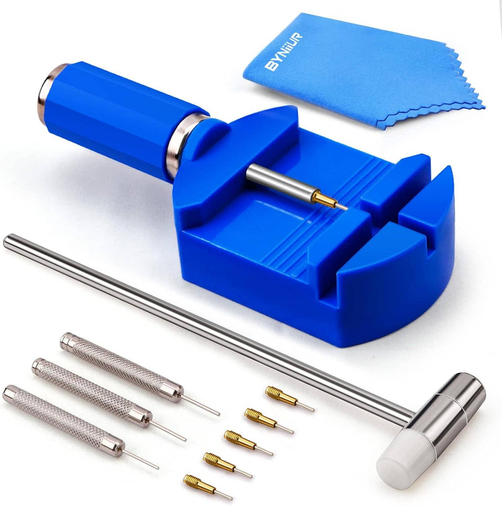 Blue watch link remover tool with double-head hammer, metal rods, and cleaning cloth