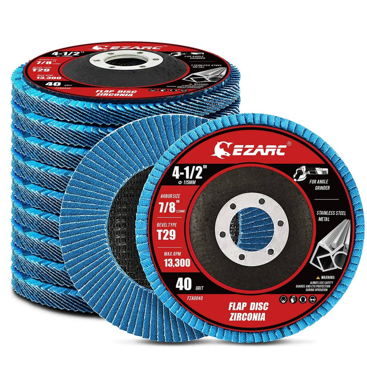 Blue 4-1/2 in flap sanding disc set, 40 grit, stacked with front disc