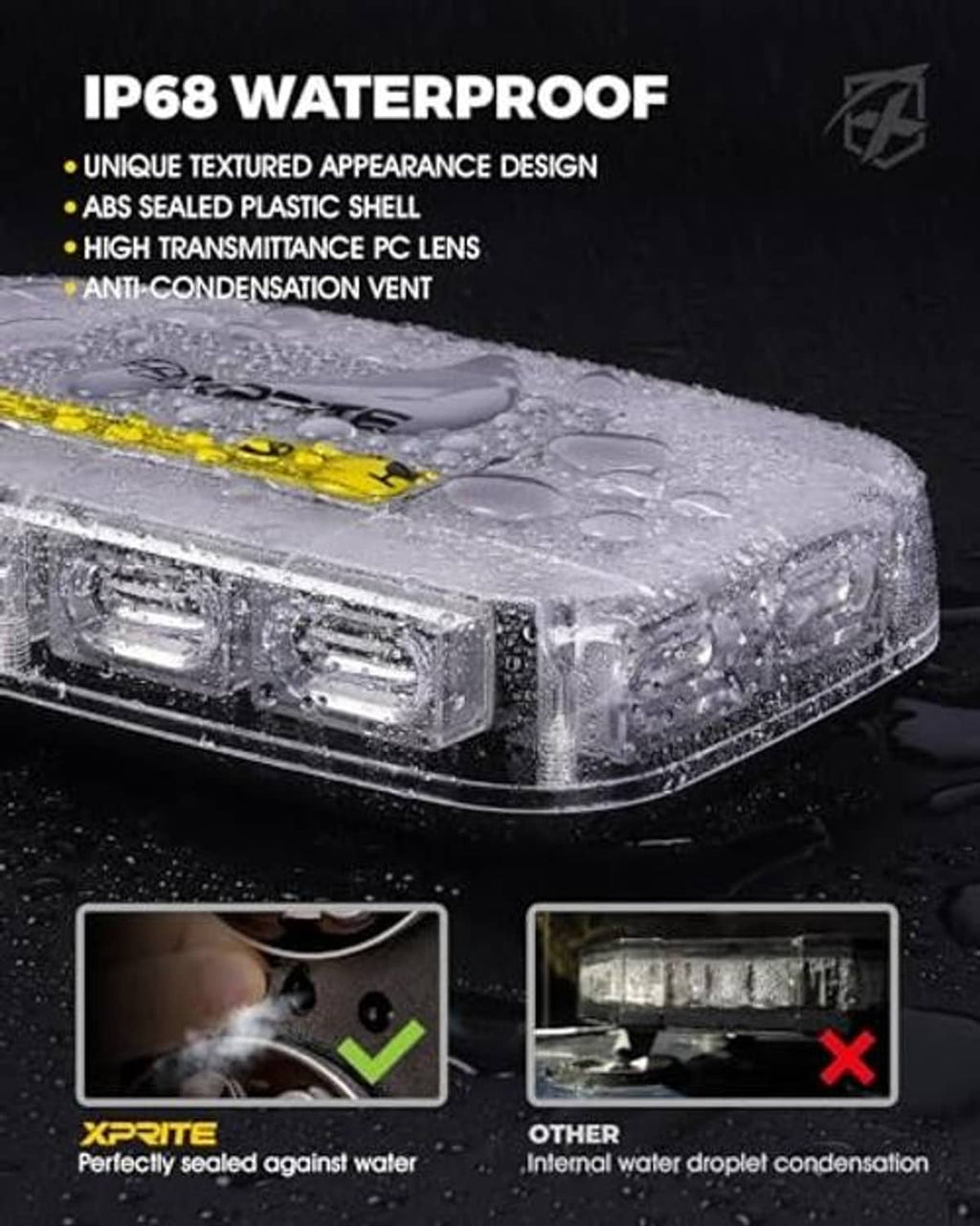 Waterproof mini strobe light bar with clear lens, sealed housing with visible water droplets