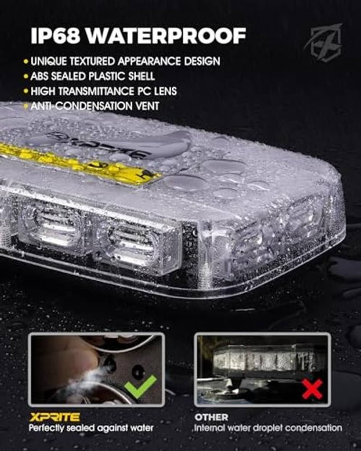 Waterproof mini strobe light bar with clear lens, sealed housing with visible water droplets