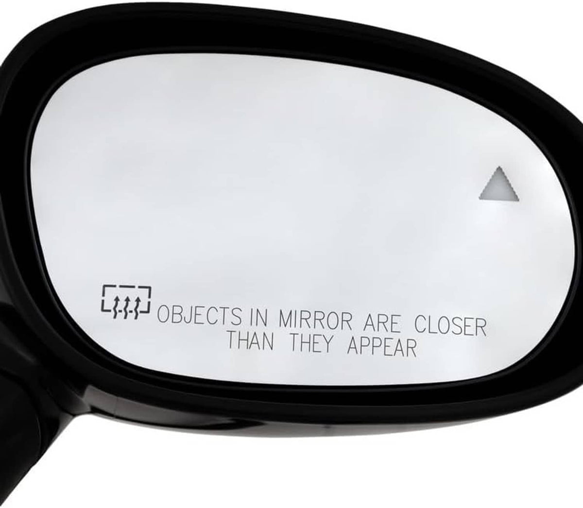 Black heated side mirror glass with warning pictogram on reflective surface