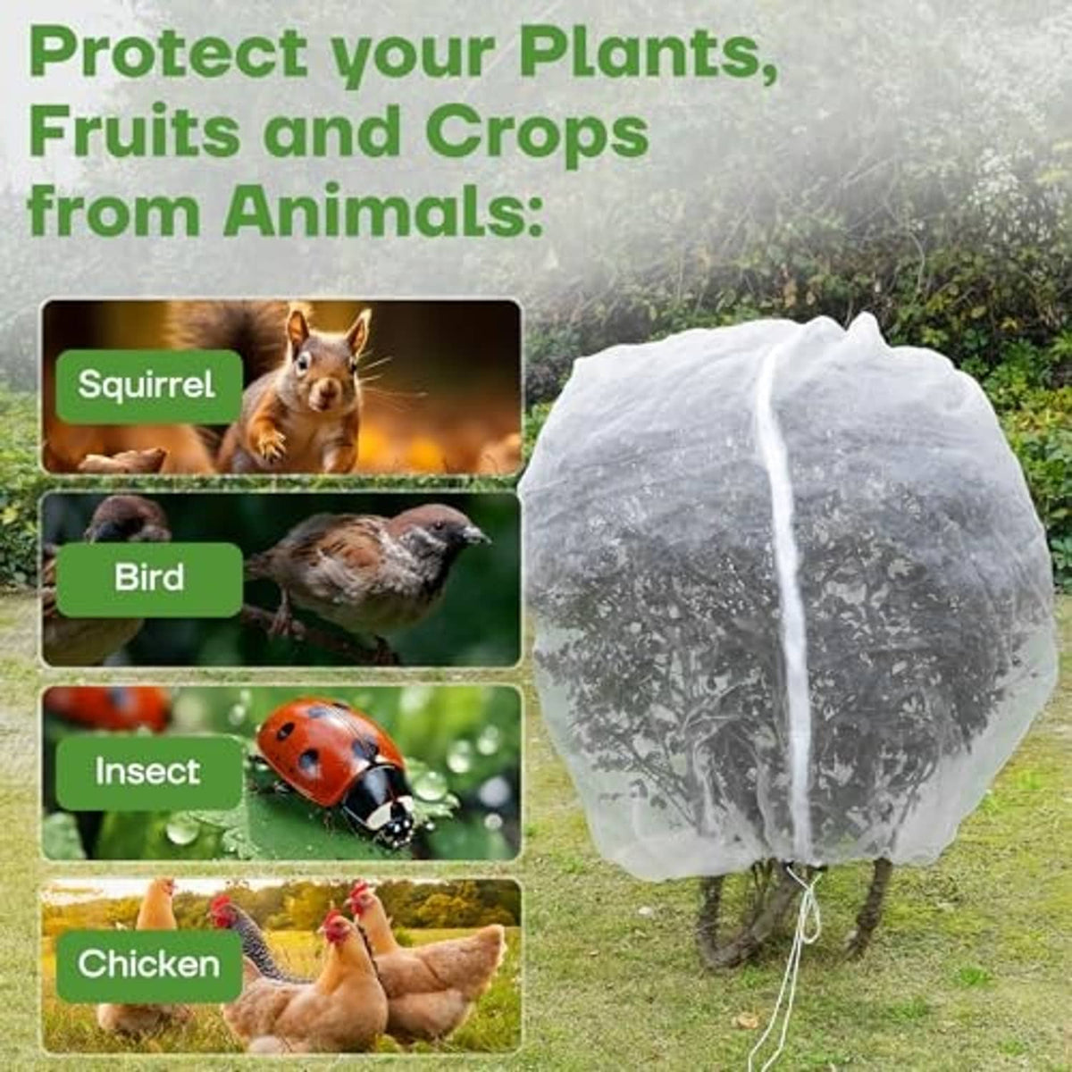 White mesh plant netting cover dome protecting crops from animals, with drawcord ties