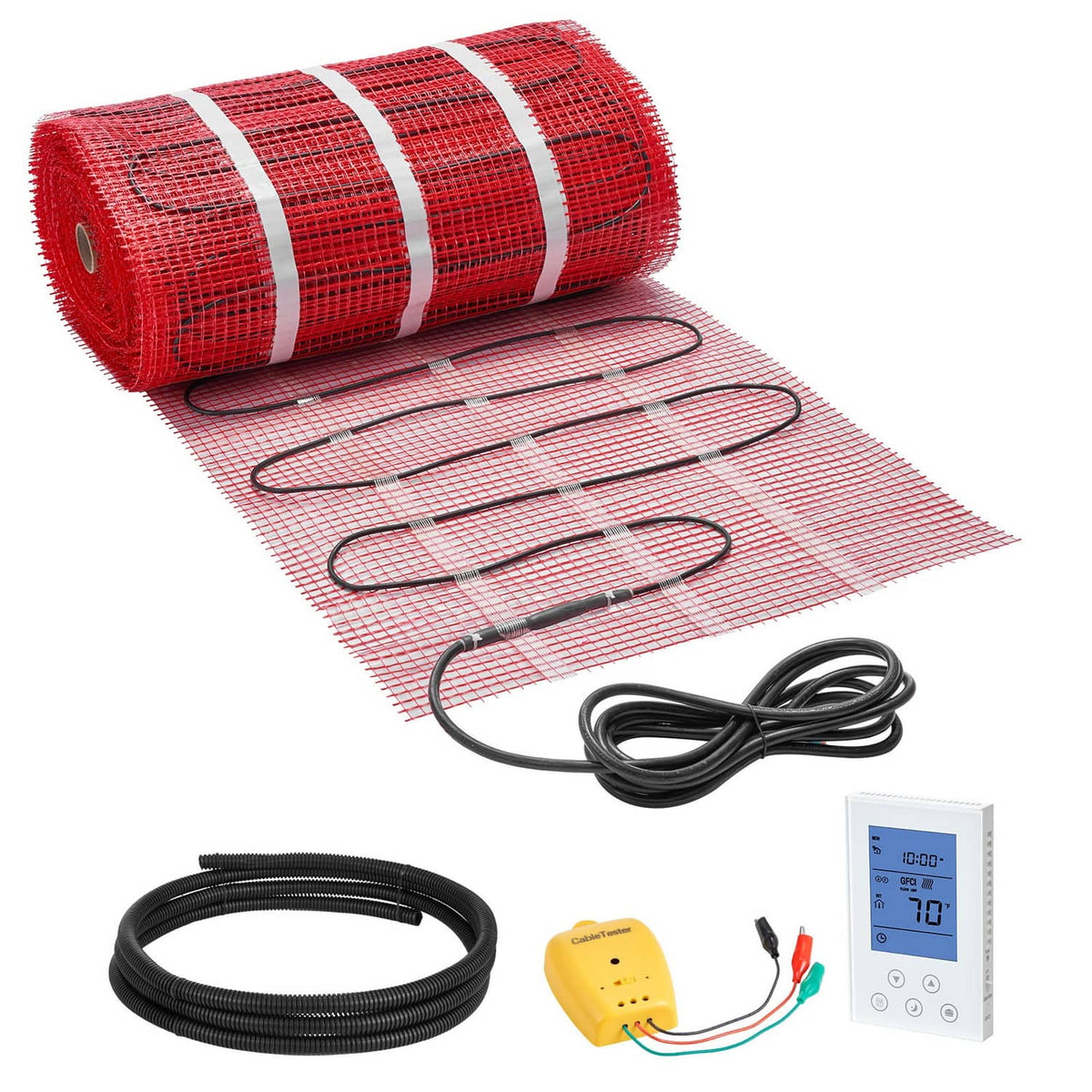 Self-adhesive mesh floor heating mat roll with thermostat and power cable