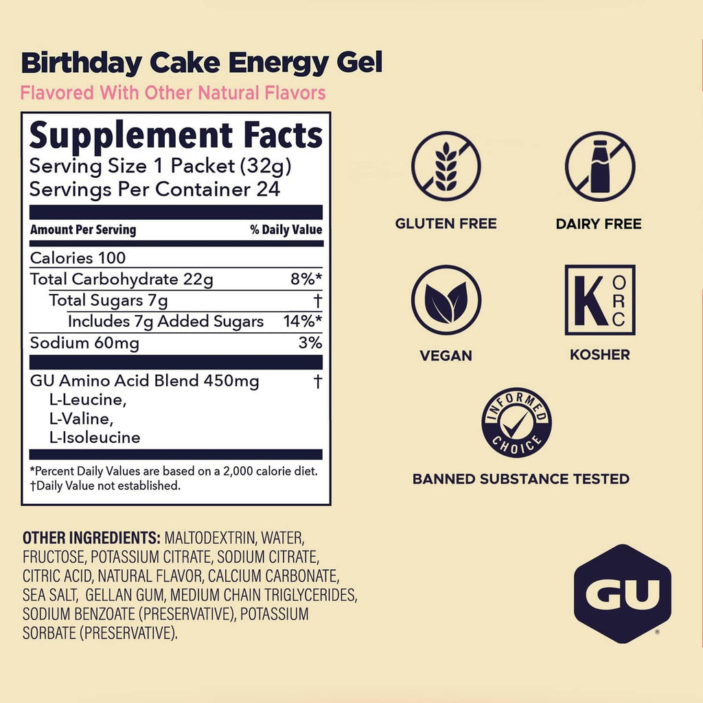 GU Birthday Cake energy gel Supplement Facts panel with gluten-free, vegan, kosher icons